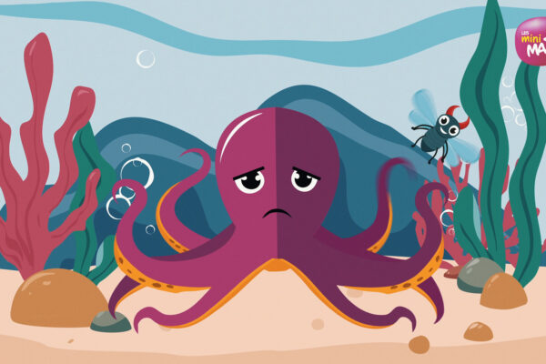 Une pieuvre triste et une mouche démoniaque dessinées dans un univers sous-marin en motion design.