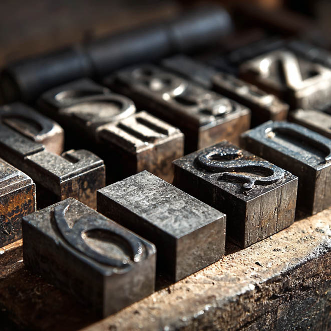 Gros plan de blocs typographiques en plomb utilisés dans l’imprimerie traditionnelle, posés sur une table en bois usée