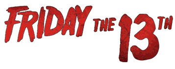Logo rouge du film Friday the 13th avec typographie griffée et déformée, évoquant l’horreur et le slasher.